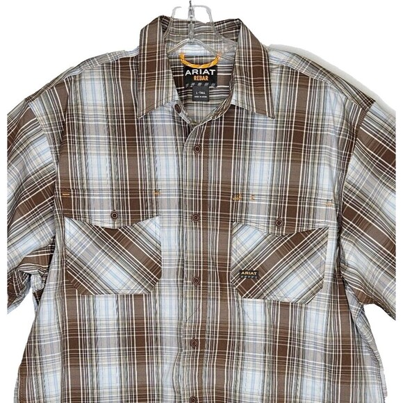 Ariat Rebar Brown Plaid Short Sleeve Button Down Shirt Large Tall Western Cowboy - Picture 1 of 13